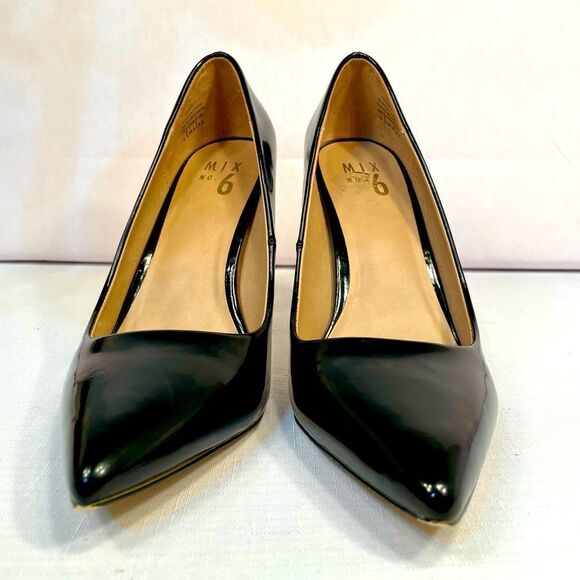 BLACK-PATENT 4” STILETTOS by MIX NO. 6 SIZE 8 WORN ONCE EXTRA HEWL PROTECTORS - Picture 4 of 7